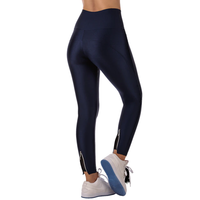 Calça Legging Fitness Cirrê Cós Alto Detalhe Zíper Marinho