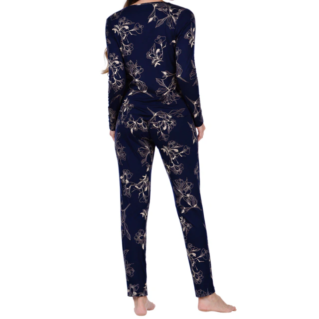 Pijama Feminino Calça e Blusa Longo Estampado Floral Marinho