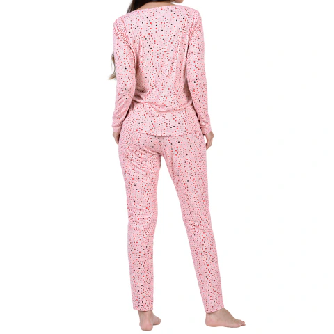 Pijama Feminino Calça e Blusa Longo Estampado Poá Rosa - comprar online