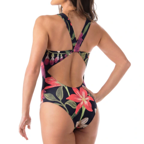 Maiô Frente Única Franzido Com Bojo Floral Preto