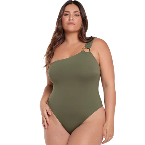 Maiô Plus Size Verde Militar Um Ombro Só Com Detalhe em Argola