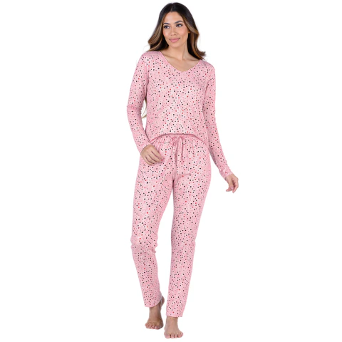 Pijama Feminino Calça e Blusa Longo Estampado Poá Rosa