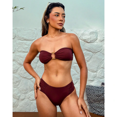 Conjunto de Biquíni Tomara Que Caia Marrom Escuro Com Bojo e Alça Removível