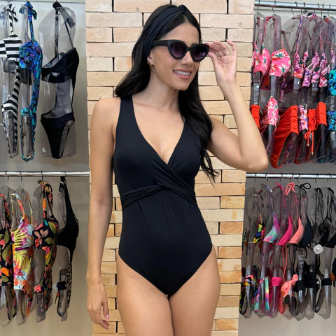 Imagem do Maiô Body Decote Transpassado Com Bojo Preto