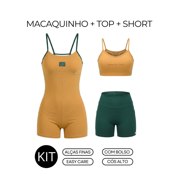Kit Macaquinho Fitness e Short Cos Alto Top Alça Fina
