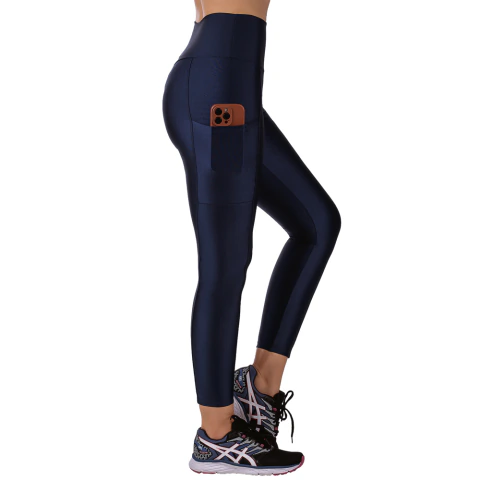 Calça Legging Fitness Cirrê Cós Alto Com Bolso Marinho