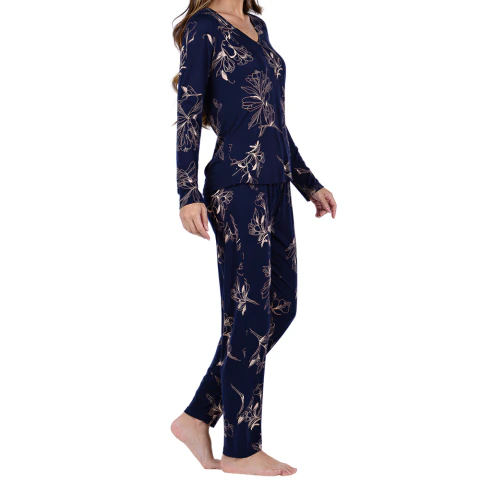 Pijama Feminino Calça e Blusa Longo Estampado Floral Marinho na internet