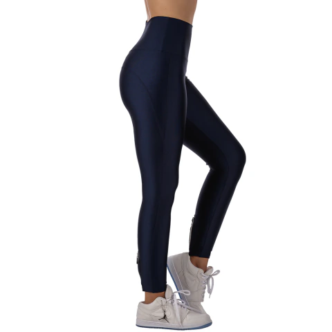 Calça Legging Fitness Cirrê Cós Alto Detalhe Zíper Marinho - comprar online