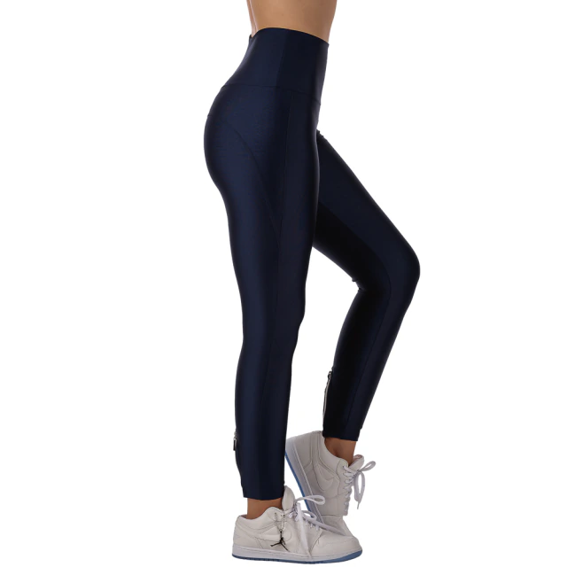 Calça Legging Fitness Cirrê Cós Alto Detalhe Zíper Marinho