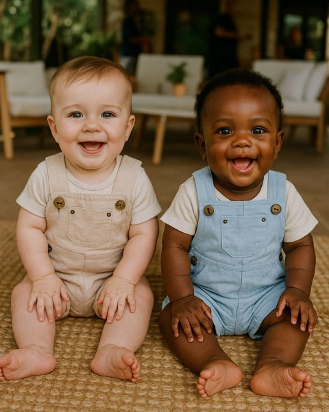 Jardineira Bebê Menino Sarja Leve com Botões Laterais e Bolso Frontal Cores Areia e Azul Maya P M G 1 2