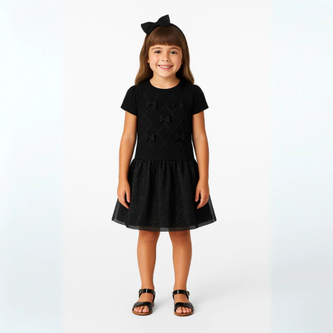 Conjunto Infantil 4 a 10 anos Chic Festa Saia com Shorts por Baixo Laço Brilho Preto