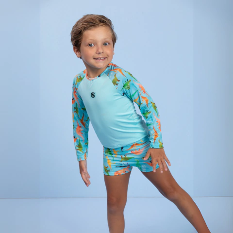Roupa de Banho Proteção Uv50+ Menino Blusa manga longa e sunga com ajuste dinossauro