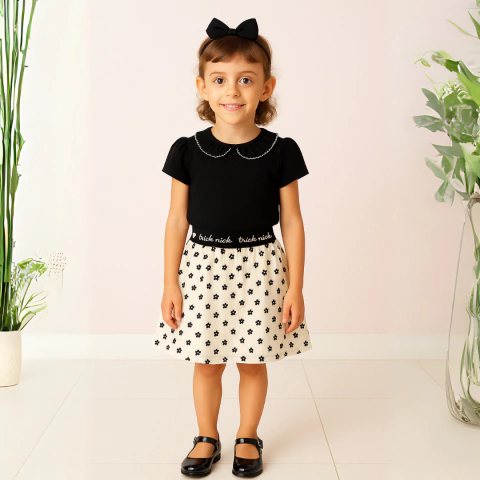Conjunto Infantil Menina Elegante 4 a 10 anos Saia Viscose e Blusa Gola Boneca Preto - comprar online