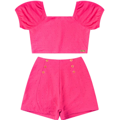 CONJUNTO INFANTIL FEMININO CHIC BLUSA CROPPED + SHORTS LAISE COM FORRO COR PINK TAMANHO 4 AO 10