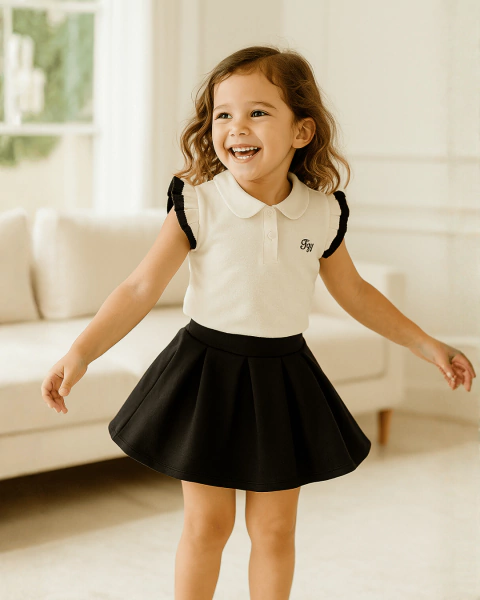 Conjunto Infantil Menina Blusa Polo Natural + Shorts Saia Preto Cotton e Ponto Roma Tamanhos 4 6 8 10