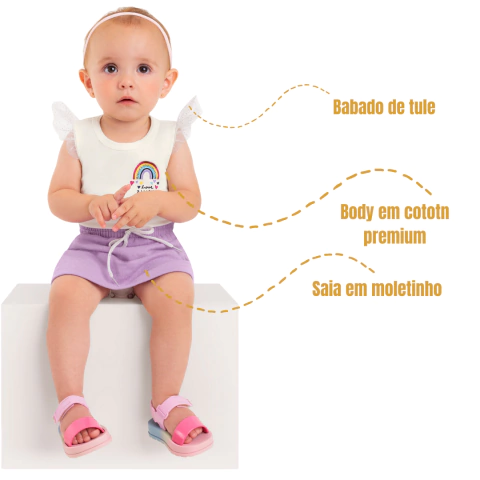 Kit 4 Peças Body Regata Bebê Menina com Tule + Saia Moletinho – Roupas Infantis Cotton Confortáveis Leves (3 a 11 Meses)