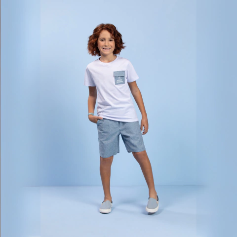 Conjunto Infantil Masculino Camiseta Branca com Bolso Bermuda Moletinho Ecologico