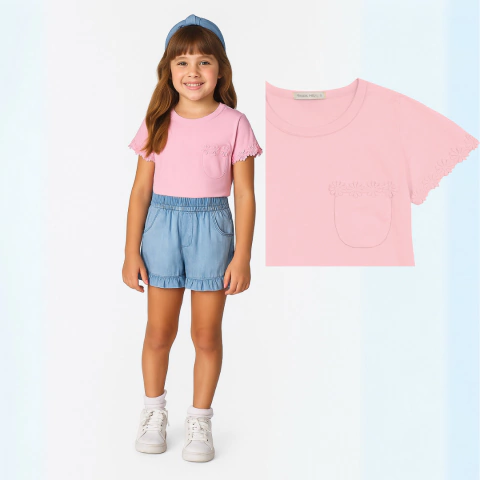 Blusa Manga Curta Menina 1 a 8 anos Trick Nick Bolso Detalhe Renda Rosa