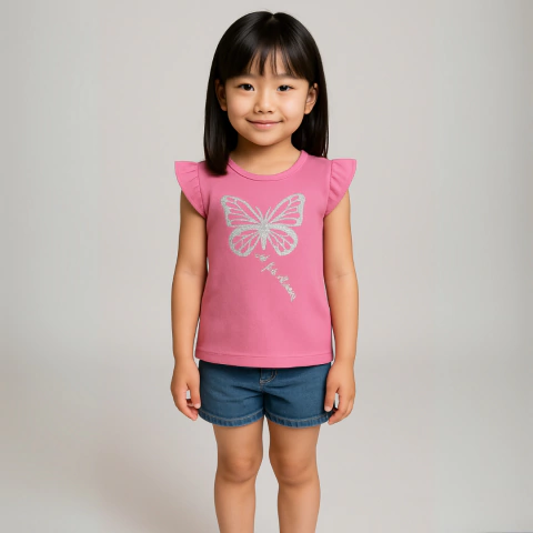 Blusa Infantil Femina Malha Ribana Leve Borboleta Pink
