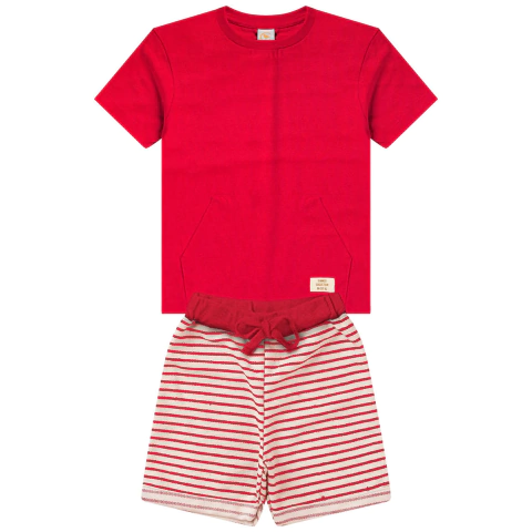 2 PEÇAS VERMELHO LISTRAS CONJUNTO INFANTIL MENINO NATAL CAMISETA COM BOLSO E BERMUDA ECOLÓGICA TAM. 1, 2, 3
