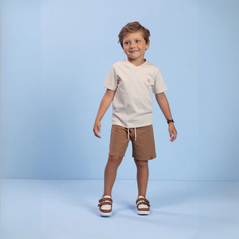 Conjunto Infantil Menino Camiseta Gola V Bermuda Tecido Ecologioco