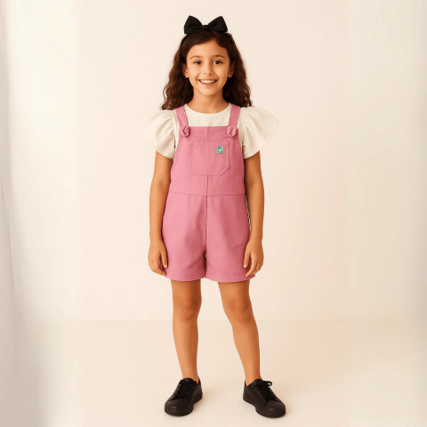 Conjunto Jardineira Sarja Premium e Blusa Manga Flare Algodão Rose