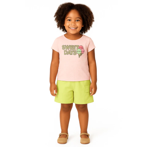 Conjunto Infantil Feminino Blusa Sorvete com Pedras Shorts Moletinho Cargo Rosa e Verde Neon