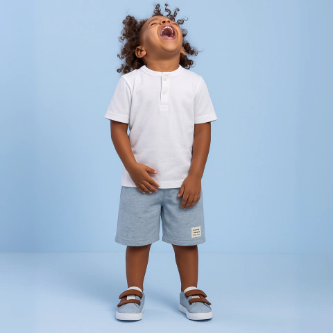 Conjunto Infantil Masculino Branco Camiseta Gola Portuguesa Bermuda Tecido Ecologico
