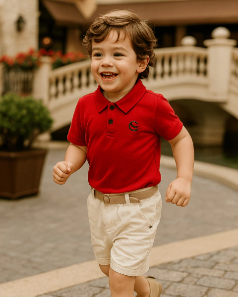 Conjunto Infantil Menino Polo Vermelha + Bermuda Linho + Cinto Look Social Elegante para o Natal - comprar online