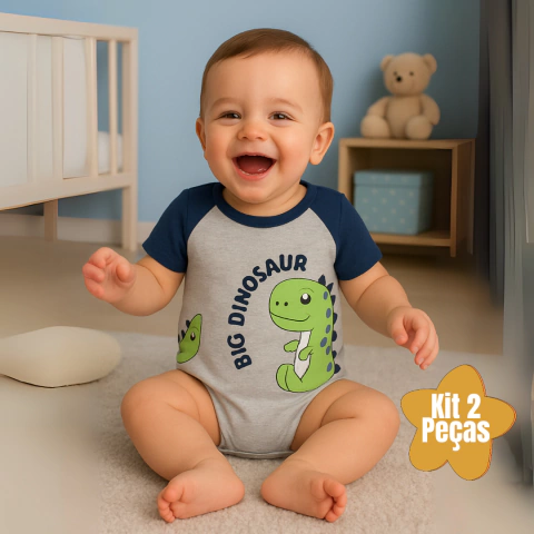 Kit 2 Macacão Bebê Menino Algodão Big Dinosauro com Abertura entre Pernas Confortável