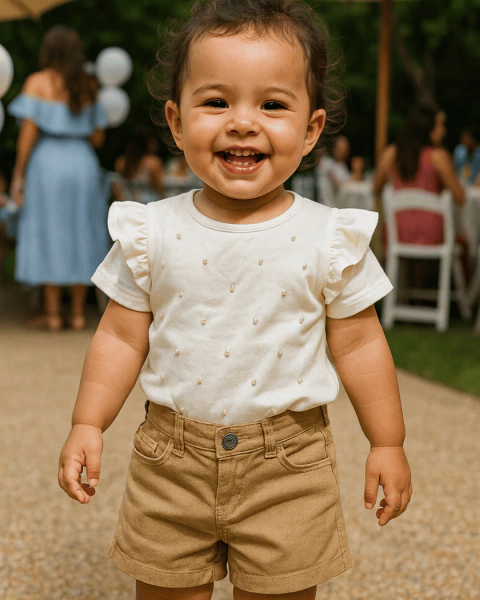 Conjunto Bebê Menina Trick Nick Blusa com Pérolas + Shorts Sarja com Ajuste Tamanhos 1 2 3