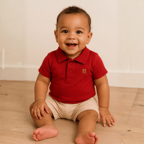 Roupa Bebê Menino Conjunto Body Polo Cotton Premium + Bermuda Moletom com Linho Vermelho ou Branco P M G