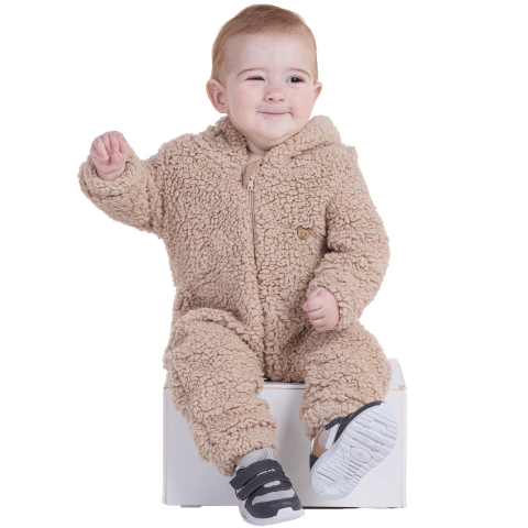 Macacão bebe ted pelo carneirinho unisex ziper frontal capuz