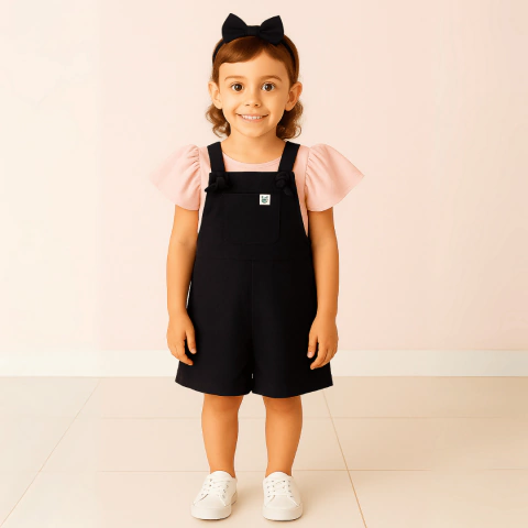 Conjunto Jardineira Sarja Premium e Blusa Manga Flare Algodão Preto