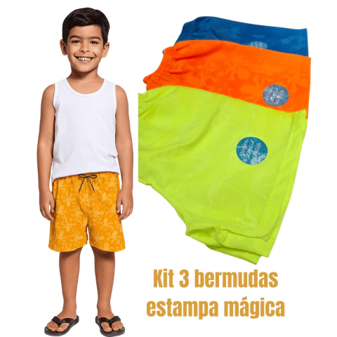 Kit 3 Bermudas Tactel Infantil Menino 4 ao 8 Estampa Aparece Na Água