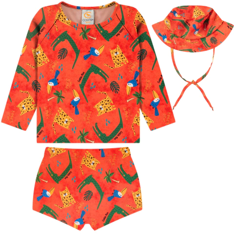 MANULELE SUPLEX LARANJA ANIMAIS CONJUNTO BEBE MENINO PRAIA PROTEÇÃO UV50+ COM CHAPÉU