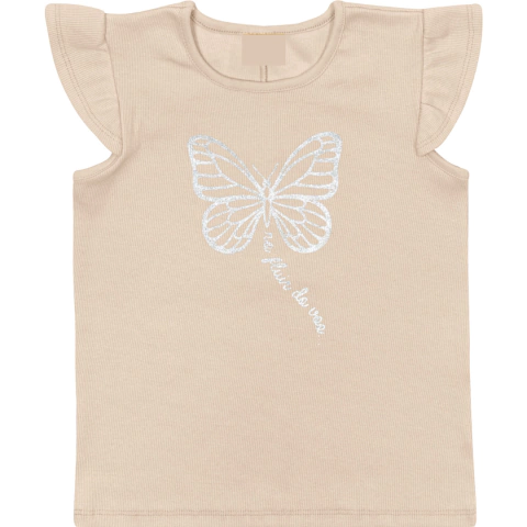 Blusa Infantil Femina Malha Ribana Leve Borboleta Bege