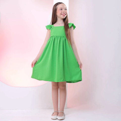 VESTIDO DE MENINA DE ALÇA COM BABADO Crepe Verde Liso