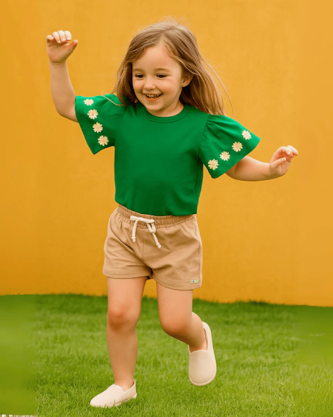 Conjunto Infantil Menina Verde Blusa Manga Flare + Shorts Saia Moletinho Algodão Tamanhos 4 6 8