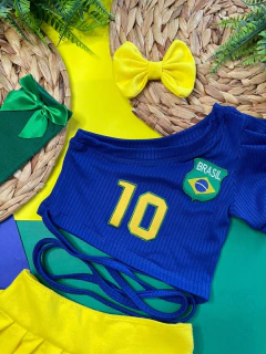 Conjunto BRASIL Copa do Mundo (Saia Short Amarelo + Cropped Azul + Laço de Cabelo) na internet