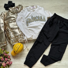 Conjunto Princess Jaqueta Puffer Metalizada + Calça Jogger Bolso Cargo + Blusa Canelada Franzida