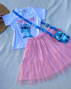 Conjunto Stitch Tutu Rosa com Brilho (T-shirt + saia com shorts) - comprar online