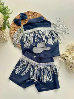 Conjunto Ana Castela Boiadeira Jeans com Franja Paetê Prata Sem Manga (Camisa + Shorts + Laço de Cabelo) 1 a 16 anos - (cópia) - comprar online