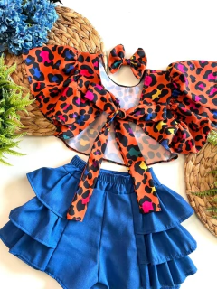Conjunto Azul Colorido Oncinha Verão (Blusa + Short + Laço de Cabelo) MIA - comprar online