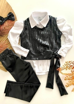 Conjunto Camisa + Sobreposição em Paete Couro + Legging Cirre + Laço de Cabelo