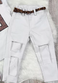 Calça Jeans Branca Destroyed com Cinto
