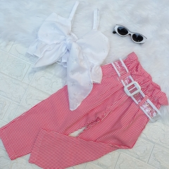 Conjunto Cropped Laise + Calça Listrada + Cinto na internet