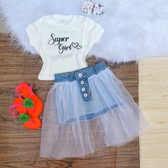 Conjunto Jeans Super Girl (Saia Jeans Tule + Tshirt)