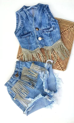 Conjunto Jeans Franja Strass (Short e Colete)