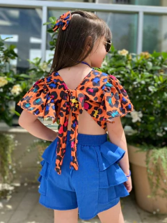 Conjunto Azul Colorido Oncinha Verão (Blusa + Short + Laço de Cabelo) MIA - comprar online